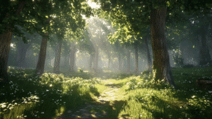 Sunlight filtering through trees onto a bright green forest path